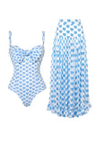Blue Heart-Patterned 2 Piece Spaghetti Straps Swimsuit with Cover Up