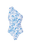 One Shoulder 2 Piece White Blue Flower Printed Swimsuit with Beach Dress