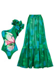 Dark Green One Shoulder 2 Piece Ruffled Swimsuit with Cover Up