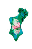 Dark Green One Shoulder 2 Piece Ruffled Swimsuit with Cover Up