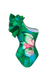 Dark Green One Shoulder 2 Piece Ruffled Swimsuit with Cover Up