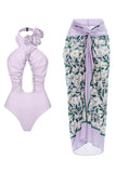 Halter 3D Flower Cut Out 2 Piece Lilac Swimsuit with Cover Up Dress