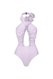 Halter 3D Flower Cut Out 2 Piece Lilac Swimsuit with Cover Up Dress