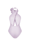 Halter 3D Flower Cut Out 2 Piece Lilac Swimsuit with Cover Up Dress