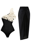 Black 2 Piece One Shoulder Appliqued Butterfly Swimsuit with Beach Dress
