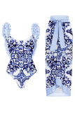 2 Piece Blue Ruffled Print Swimsuit with Cover Up