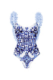 2 Piece Blue Ruffled Print Swimsuit with Cover Up