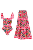 2 Piece Fuchsia Floral Tummy Control Swimsuit with Beach Dress