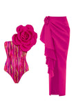 One Shoulder Fuchsia 3D Flower 2 Piece Swimsuit with Beach Dress