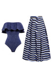 Navy Off The Shoulder 2 Piece Striped Swimsuit with Cover Up