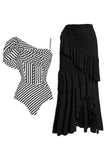 Black Striped 2 Piece Ruffled Swimsuit with Beach Dress