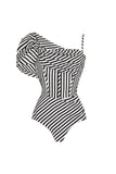Black Striped 2 Piece Ruffled Swimsuit with Beach Dress
