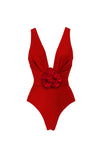 Red 2 Piece Ruffled V-Neck Swimsuit with Beach Dress