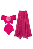 Off The Shoulder Fuchsia 2 Piece 3D Flower Swimsuit with Beach Dress