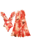 Orange Ruffled 2 Piece V-Neck Swimsuit with Beach Dress