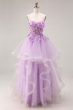 Lilac Organza Sweetheart A-Line Lace-Up Back Long Prom Dress with Appliques