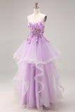 Lilac Organza Sweetheart A-Line Lace-Up Back Long Prom Dress with Appliques