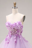 Lilac Organza Sweetheart A-Line Lace-Up Back Long Prom Dress with Appliques