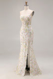 White Flower Mermaid Corset Strapless Long Prom Dress with Slit