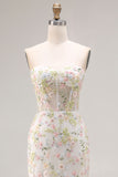White Flower Mermaid Corset Strapless Long Prom Dress with Slit