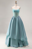 Turquoise Beaded Corset Straplesss A Line Long Satin Prom Dress