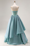 Turquoise Beaded Corset Straplesss A Line Long Satin Prom Dress