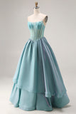 Turquoise Beaded Corset Straplesss A Line Long Satin Prom Dress