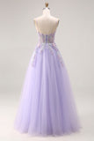 Lilac Appliqued Corset Tulle Spaghetti Straps A Line Long Prom Dress with Slit