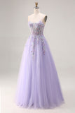 Lilac Appliqued Corset Tulle Spaghetti Straps A Line Long Prom Dress with Slit