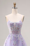 Lilac Appliqued Corset Tulle Spaghetti Straps A Line Long Prom Dress with Slit
