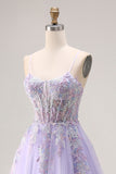 Lilac Appliqued Corset Tulle Spaghetti Straps A Line Long Prom Dress with Slit