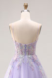 Lilac Appliqued Corset Tulle Spaghetti Straps A Line Long Prom Dress with Slit