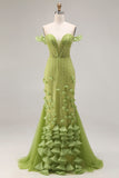 Beaded Green Mermaid Off the Shoulder Long Prom Dress with Ruffles