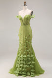Beaded Green Mermaid Off the Shoulder Long Prom Dress with Ruffles