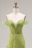 Beaded Green Mermaid Off the Shoulder Long Prom Dress with Ruffles