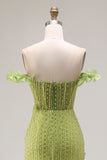 Beaded Green Mermaid Off the Shoulder Long Prom Dress with Ruffles