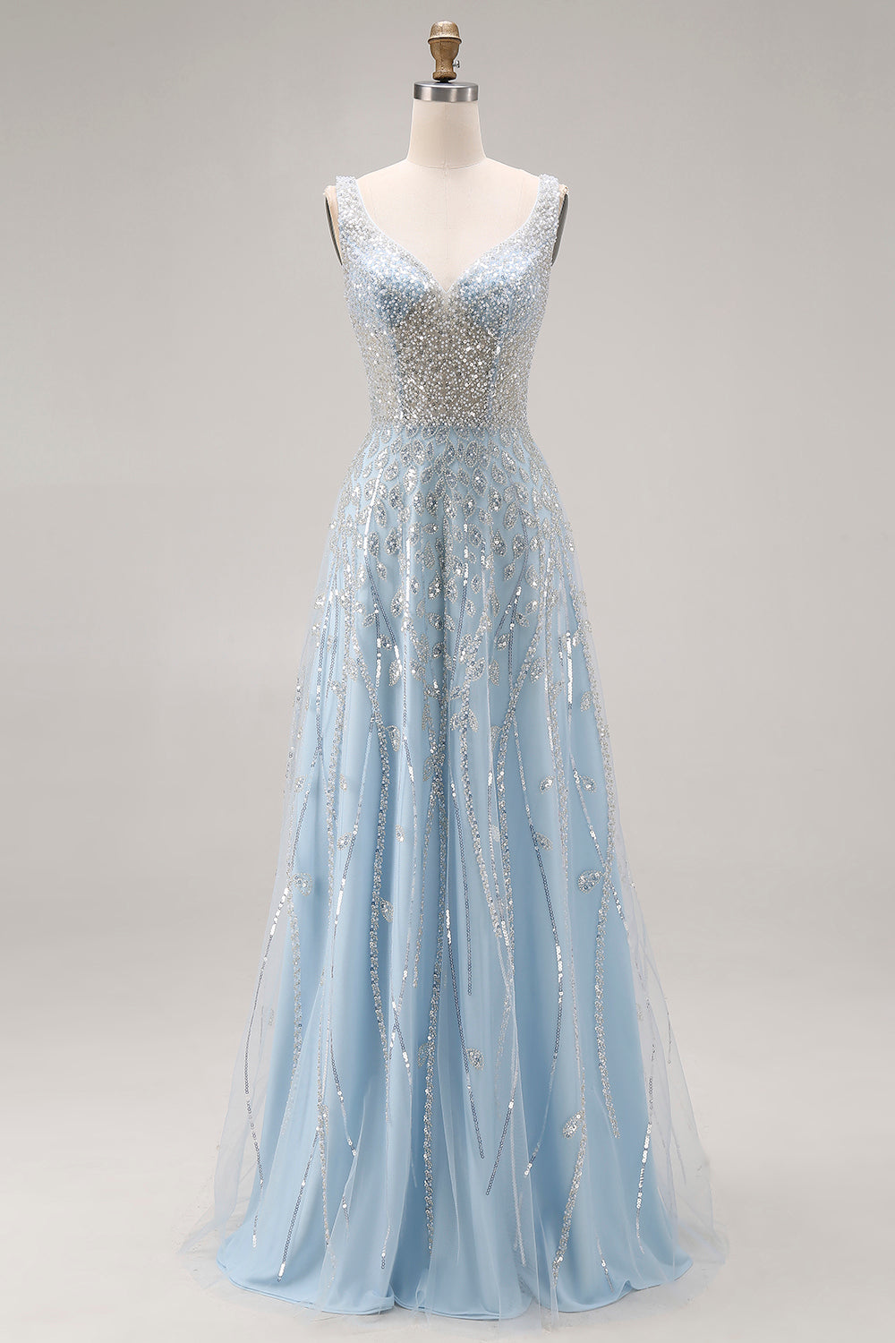 ZAPAKA Women Sparkly Light Blue Long Prom Dress A-Line V-Neck Beaded
