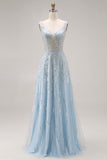Sparkly Light Blue A-Line Beaded Long Prom Dress with Sequins