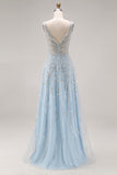 Sparkly Light Blue A-Line Beaded Long Prom Dress with Sequins