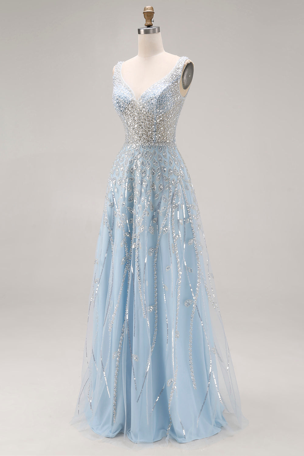 ZAPAKA Women Sparkly Light Blue Long Prom Dress A-Line V-Neck Beaded