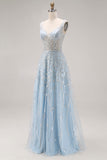 Sparkly Light Blue A-Line Beaded Long Prom Dress with Sequins