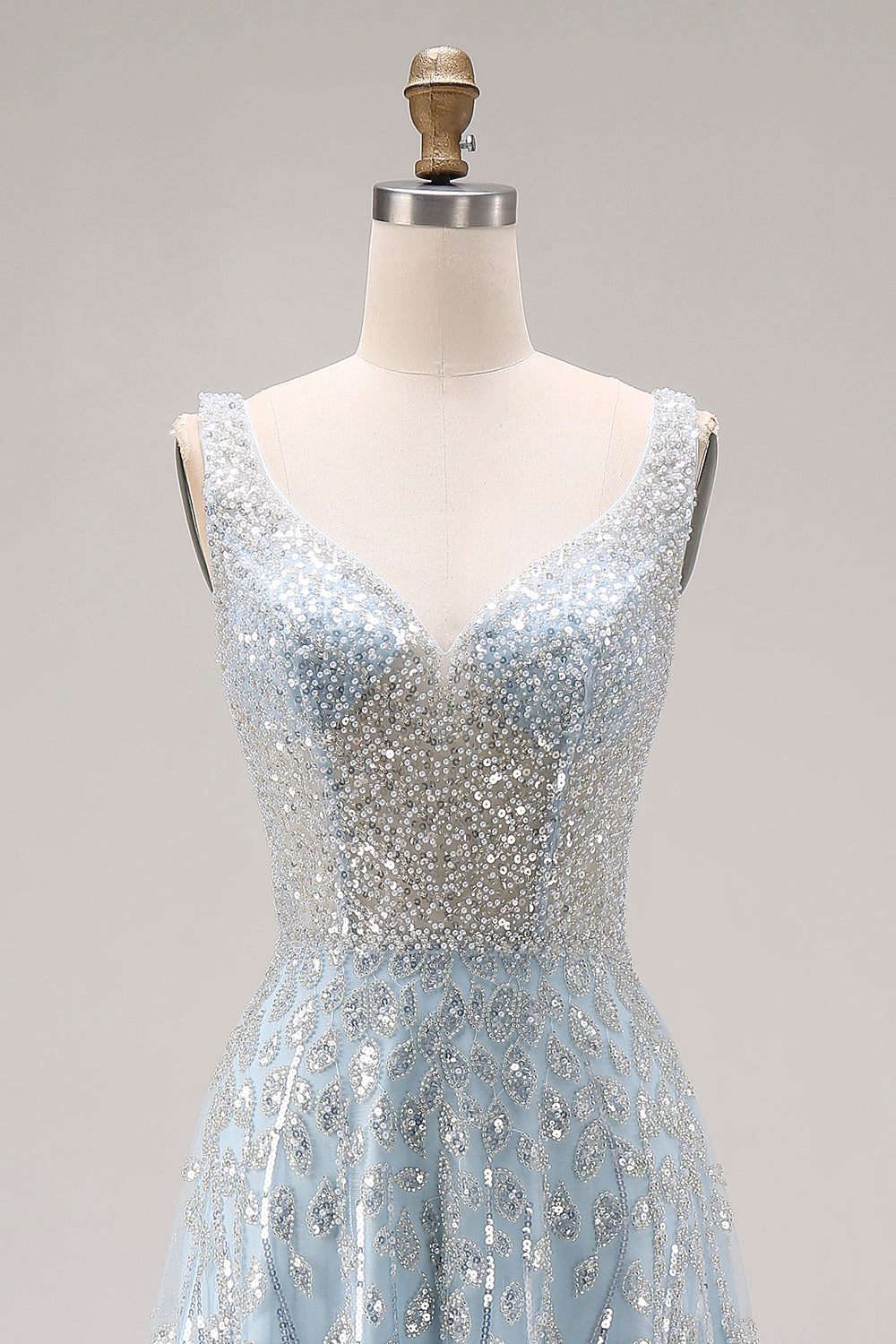 ZAPAKA Women Sparkly Light Blue Long Prom Dress A-Line V-Neck Beaded