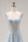 Sparkly Light Blue A-Line Beaded Long Prom Dress with Sequins