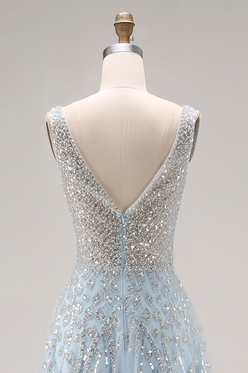 ZAPAKA Women Sparkly Light Blue Long Prom Dress A-Line V-Neck Beaded