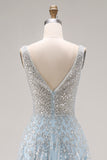 Sparkly Light Blue A-Line Beaded Long Prom Dress with Sequins