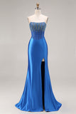 Royal Blue Strapless Mermaid Beaded Corset Long Prom Dress with Slit