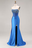Royal Blue Strapless Mermaid Beaded Corset Long Prom Dress with Slit