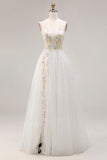 White Appliqued Corset Tulle V Neck A Line Long Prom Dress with Slit