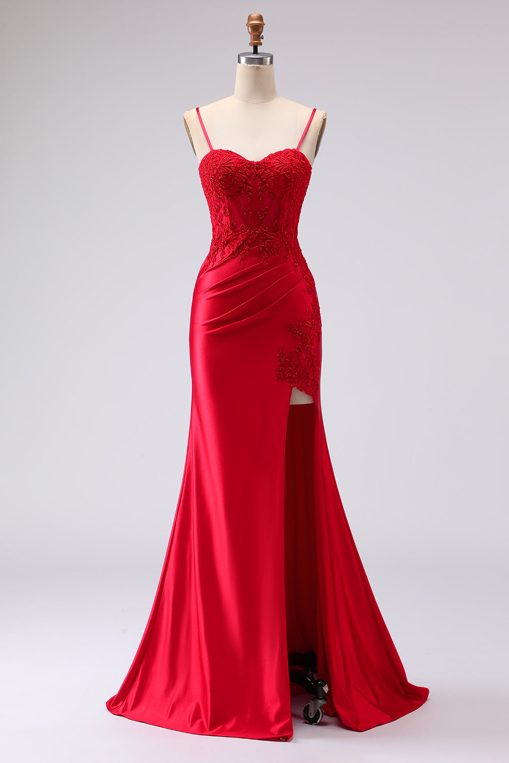 ZAPAKA Women Red Long Prom Dress with Slit Mermaid Satin Spaghetti Straps Embroidered Formal Dress with Lace Up Back, Red / US10 ZAPAKA Women Red Long Prom Dress with Slit Mermaid Satin Spaghetti Straps Embroidered Formal Dress with Lace Up Back, Red / US10