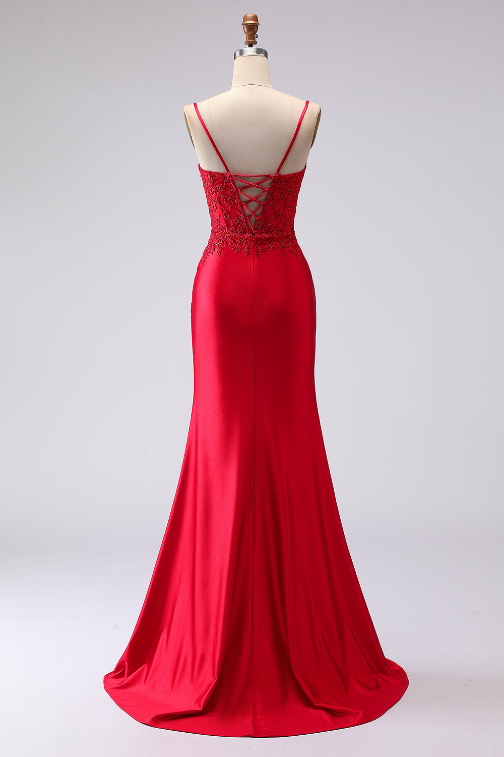 ZAPAKA Women Red Long Prom Dress with Slit Mermaid Satin Spaghetti Straps Embroidered Formal Dress with Lace Up Back, Red / US10 ZAPAKA Women Red Long Prom Dress with Slit Mermaid Satin Spaghetti Straps Embroidered Formal Dress with Lace Up Back, Red / US10